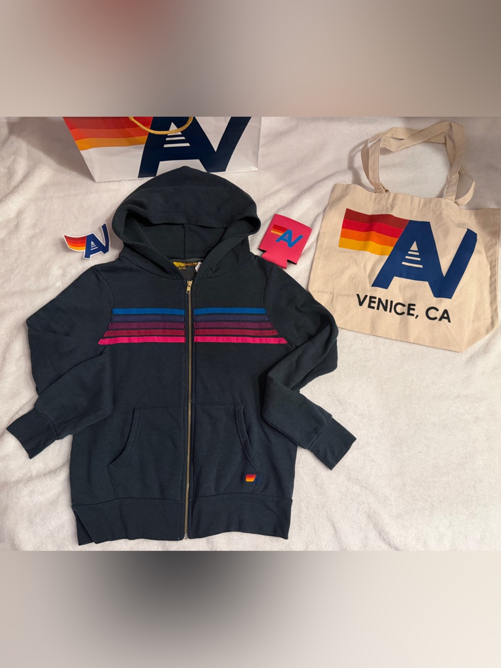 - NWT AVIATOR NATION UNISEX 5 STRIPE HOODIE Size Charcoal Small + Tote Bag